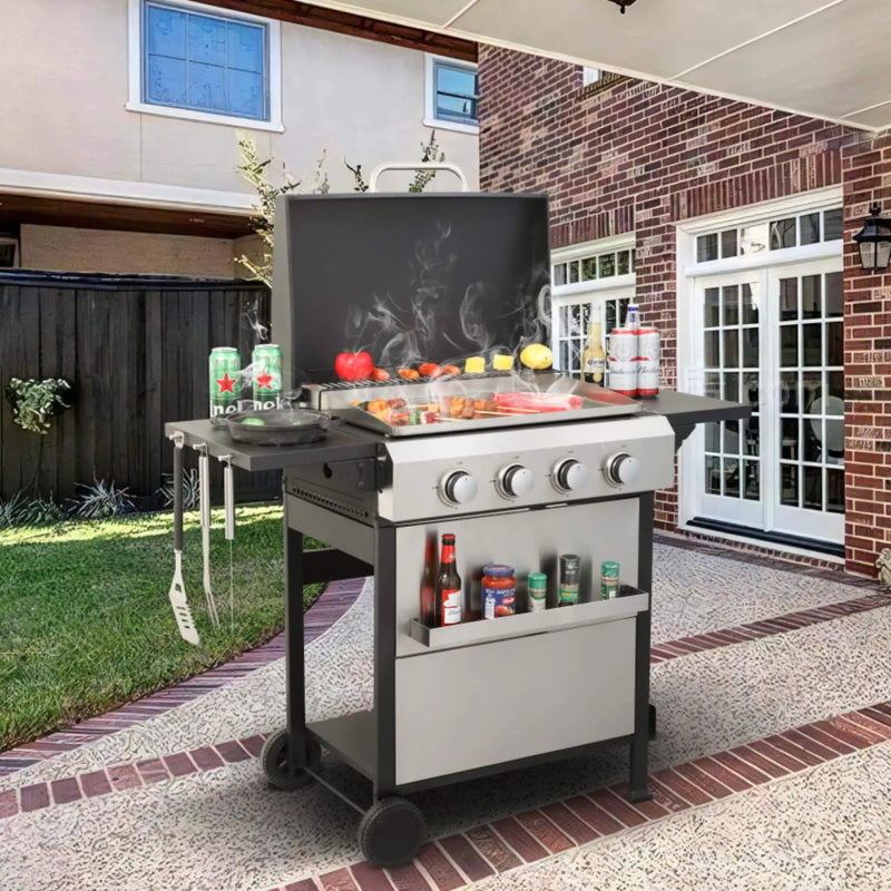 Premium Outdoor 4-Burner Propane BBQ Grill With Foldable Side Tables, Hanging Basket, And Cooking Grids (SAK53213) by SAKSBY WHOLESALE