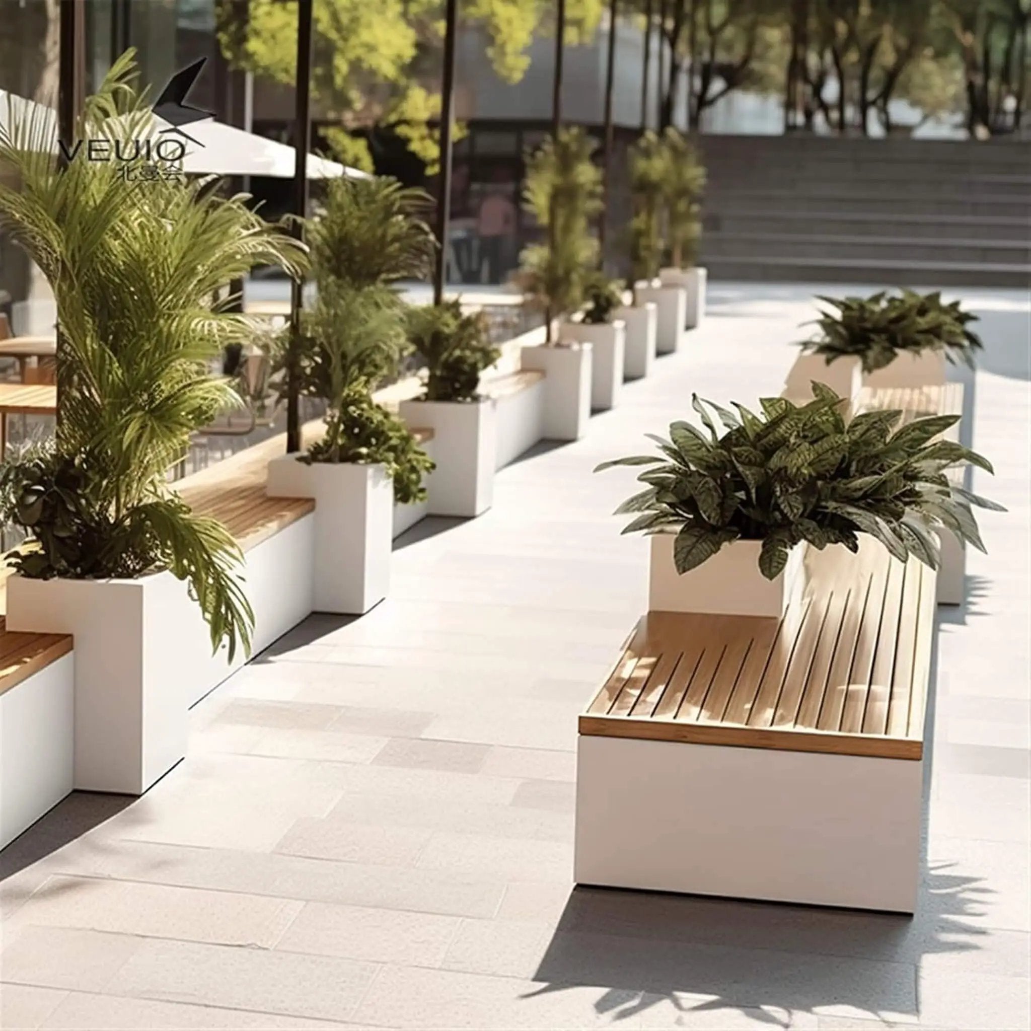 Premium Outdoor Industrial Metal Garden Bench With Wooden Seat And Planter [Made-To-Order] (SAK83951) by SAKSBY WHOLESALE
