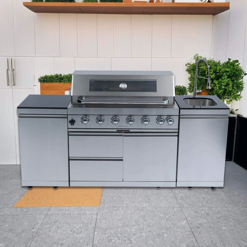 Castelle Flame Tuscany Outdoor BBQ Liquid Propane Kitchen Grill Island With 43-Inch 6-Burner 85K BTU Propane Gas Grill, Rotisserie Kit, And Storage Cabinets (SAK95623) by SAKSBY WHOLESALE