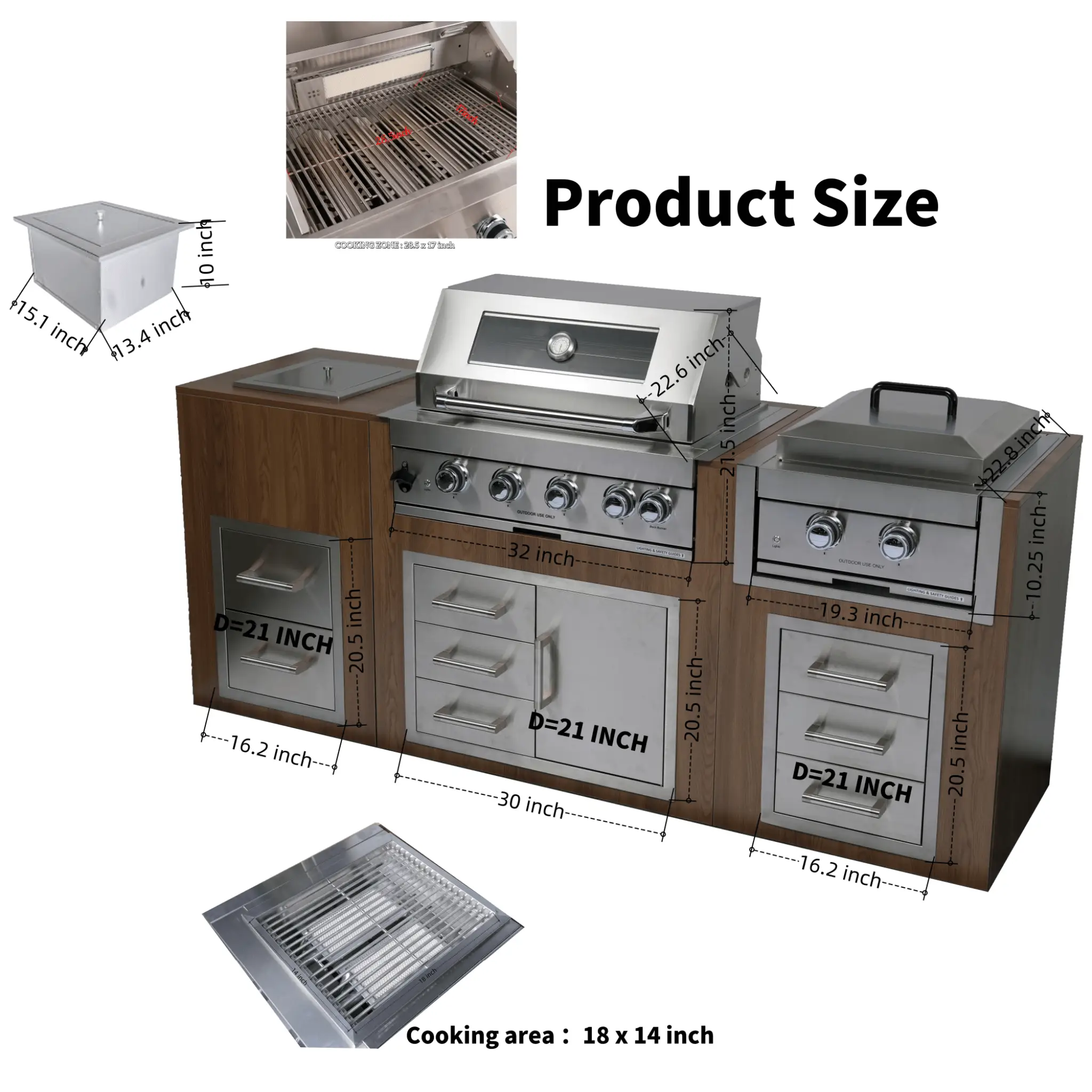 Premium Outdoor Kitchen With 32-Inch 60K BTU Built-In Stainless Steel LPG Gas Grill, Door And Drawer Combo And Stainless Steel Ice Box (SAK98661) by SAKSBY WHOLESALE