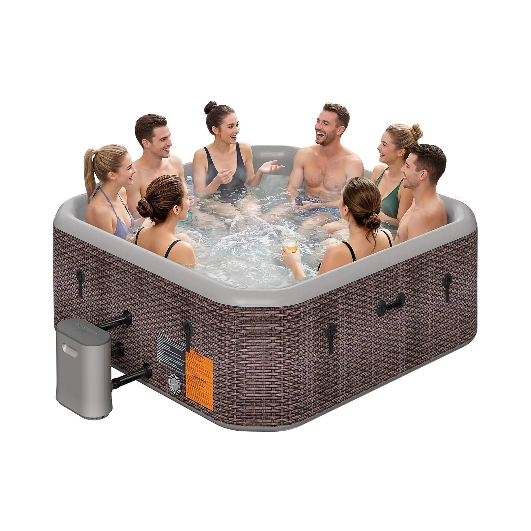 Premium 85-Inch Portable 8-Person Classic Rattan Design Inflatable Square Hot Tub With 220 Massage Jets (SAK56871) by SAKSBY WHOLESALE
