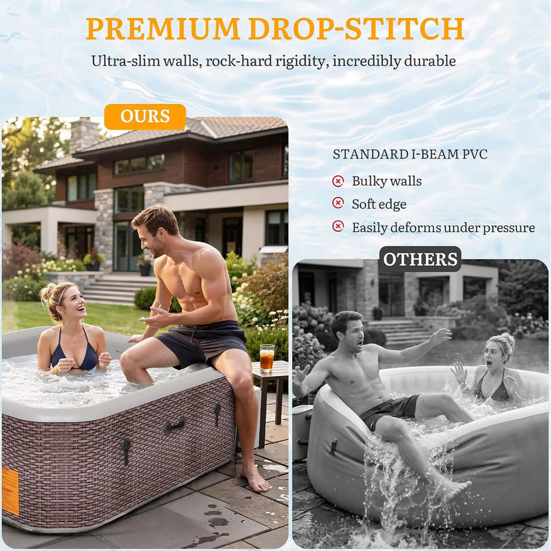 Premium 85-Inch Portable 8-Person Classic Rattan Design Inflatable Square Hot Tub With 220 Massage Jets (SAK56871) by SAKSBY WHOLESALE