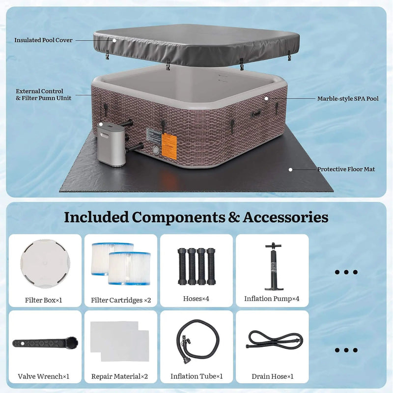 Premium 85-Inch Portable 8-Person Classic Rattan Design Inflatable Square Hot Tub With 220 Massage Jets (SAK56871) by SAKSBY WHOLESALE