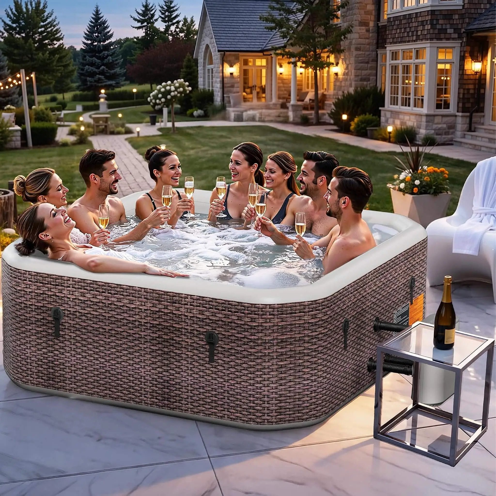 Premium 85-Inch Portable 8-Person Classic Rattan Design Inflatable Square Hot Tub With 220 Massage Jets (SAK56871) by SAKSBY WHOLESALE