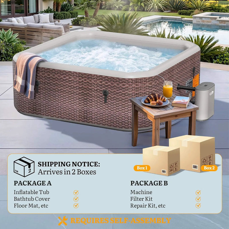 Premium 85-Inch Portable 8-Person Classic Rattan Design Inflatable Square Hot Tub With 220 Massage Jets (SAK56871) by SAKSBY WHOLESALE