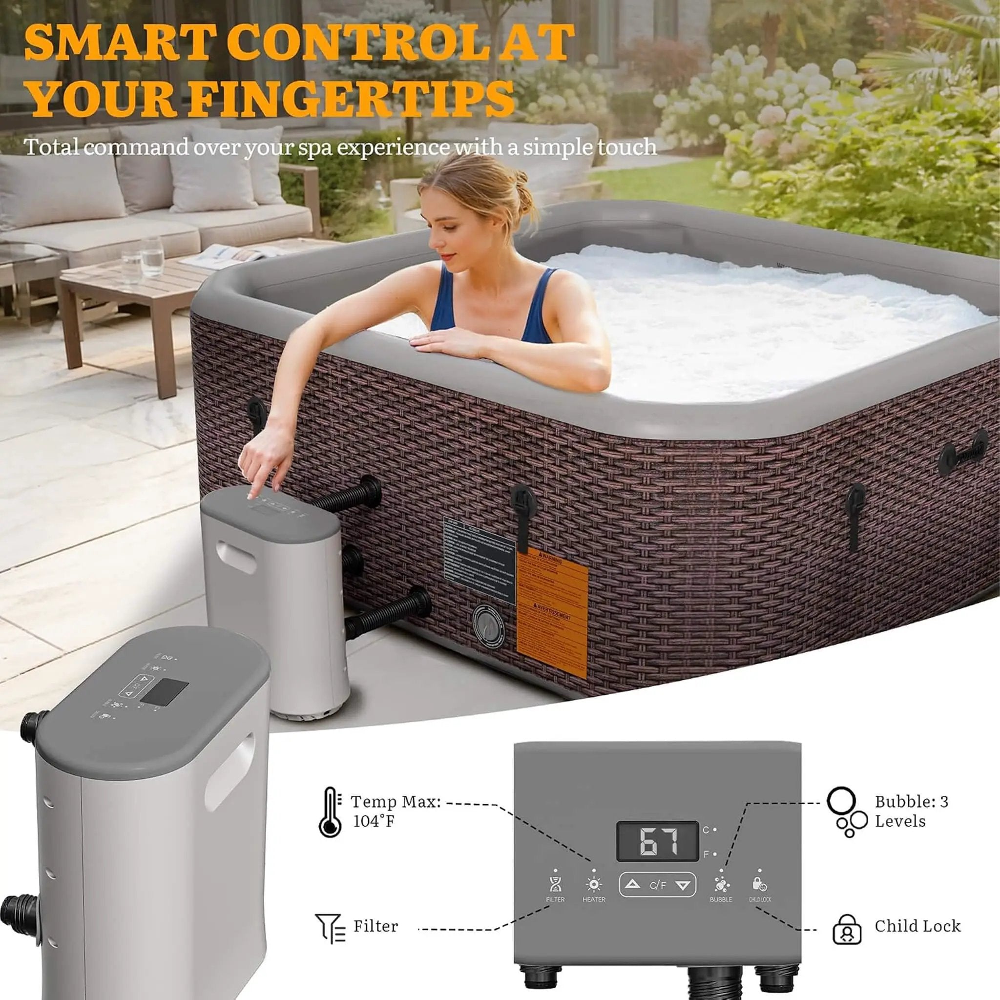 Premium 85-Inch Portable 8-Person Classic Rattan Design Inflatable Square Hot Tub With 220 Massage Jets (SAK56871) by SAKSBY WHOLESALE