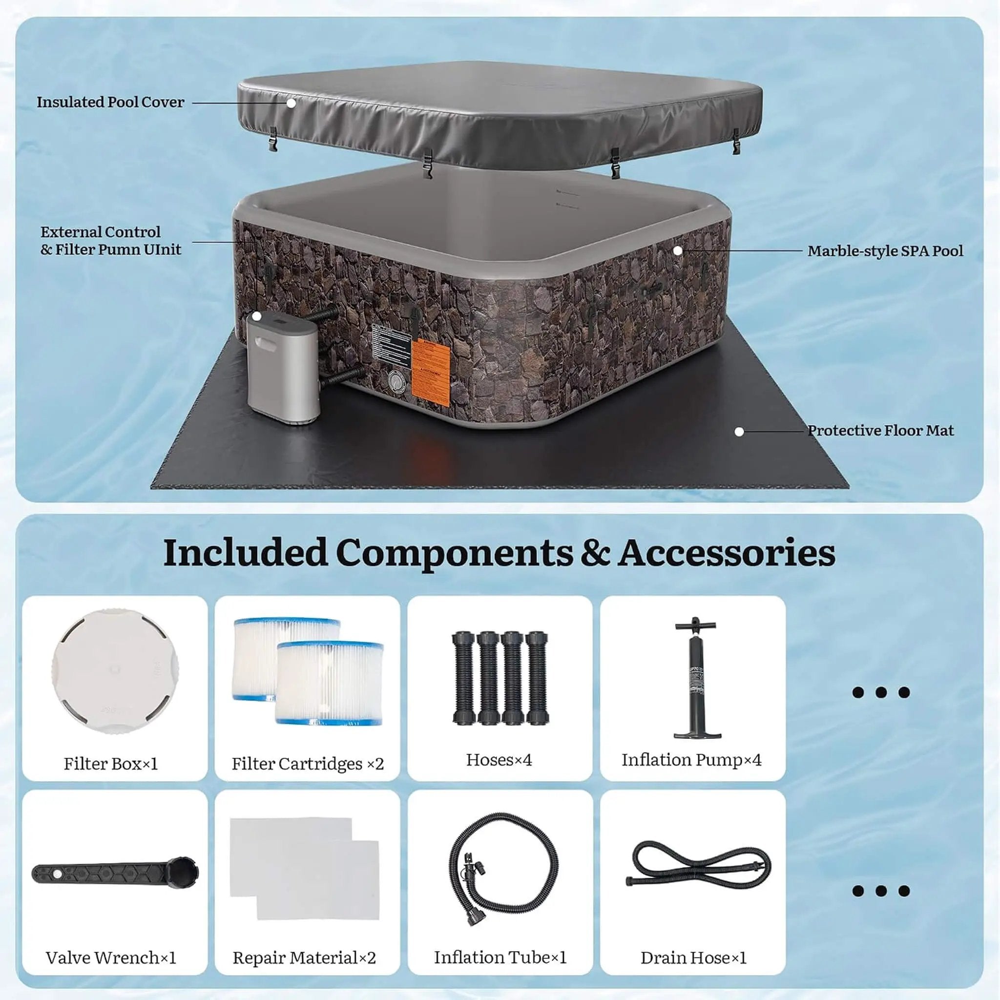 Premium 85-Inch Portable 8-Person Natural Stone Design Inflatable Square Hot Tub With 220 Massage Jets (SAK62731) by SAKSBY WHOLESALE