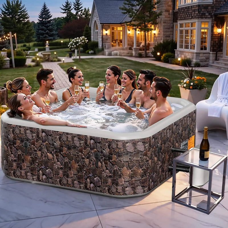 Premium 85-Inch Portable 8-Person Natural Stone Design Inflatable Square Hot Tub With 220 Massage Jets (SAK62731) by SAKSBY WHOLESALE