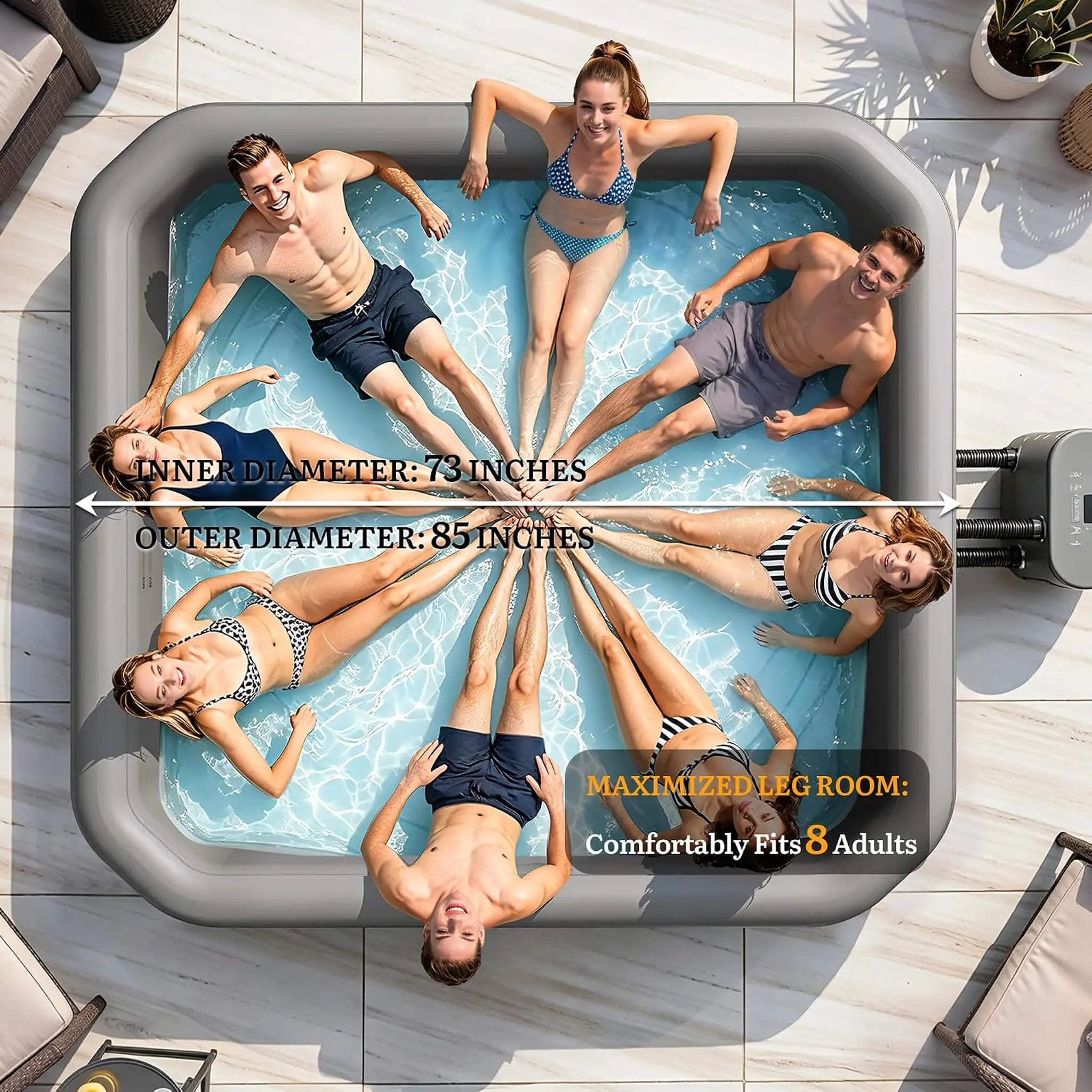 Premium 85-Inch Portable 8-Person Natural Stone Design Inflatable Square Hot Tub With 220 Massage Jets (SAK62731) by SAKSBY WHOLESALE