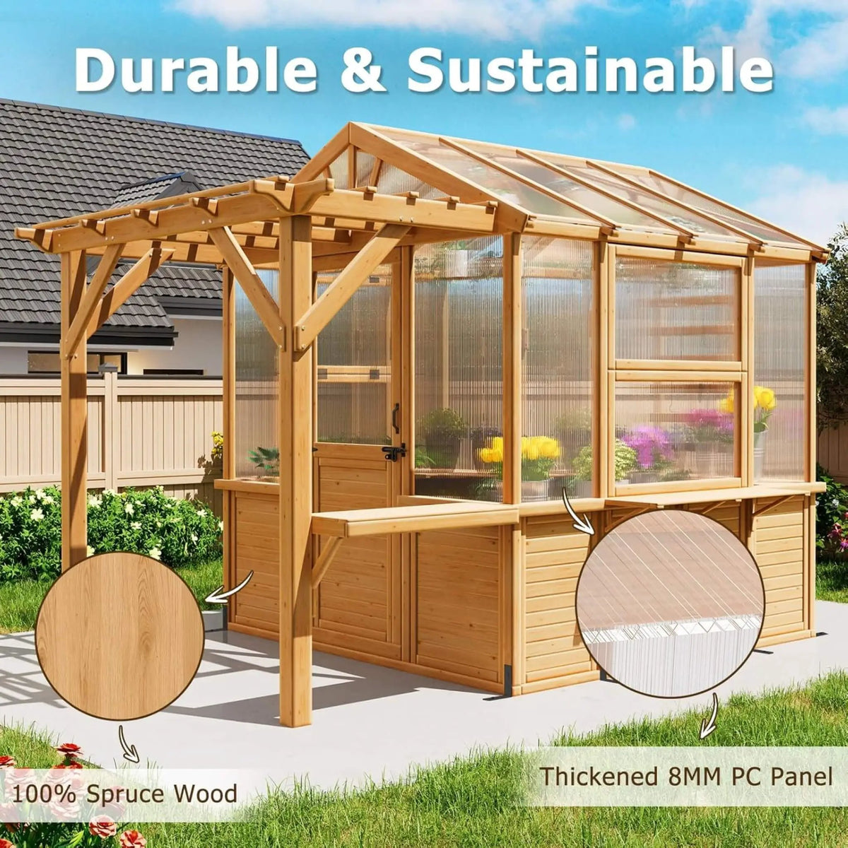 Premium Walk-In Spruce Wood Greenhouse With Pergola And Shelves (SAK75890) by SAKSBY WHOLESALE
