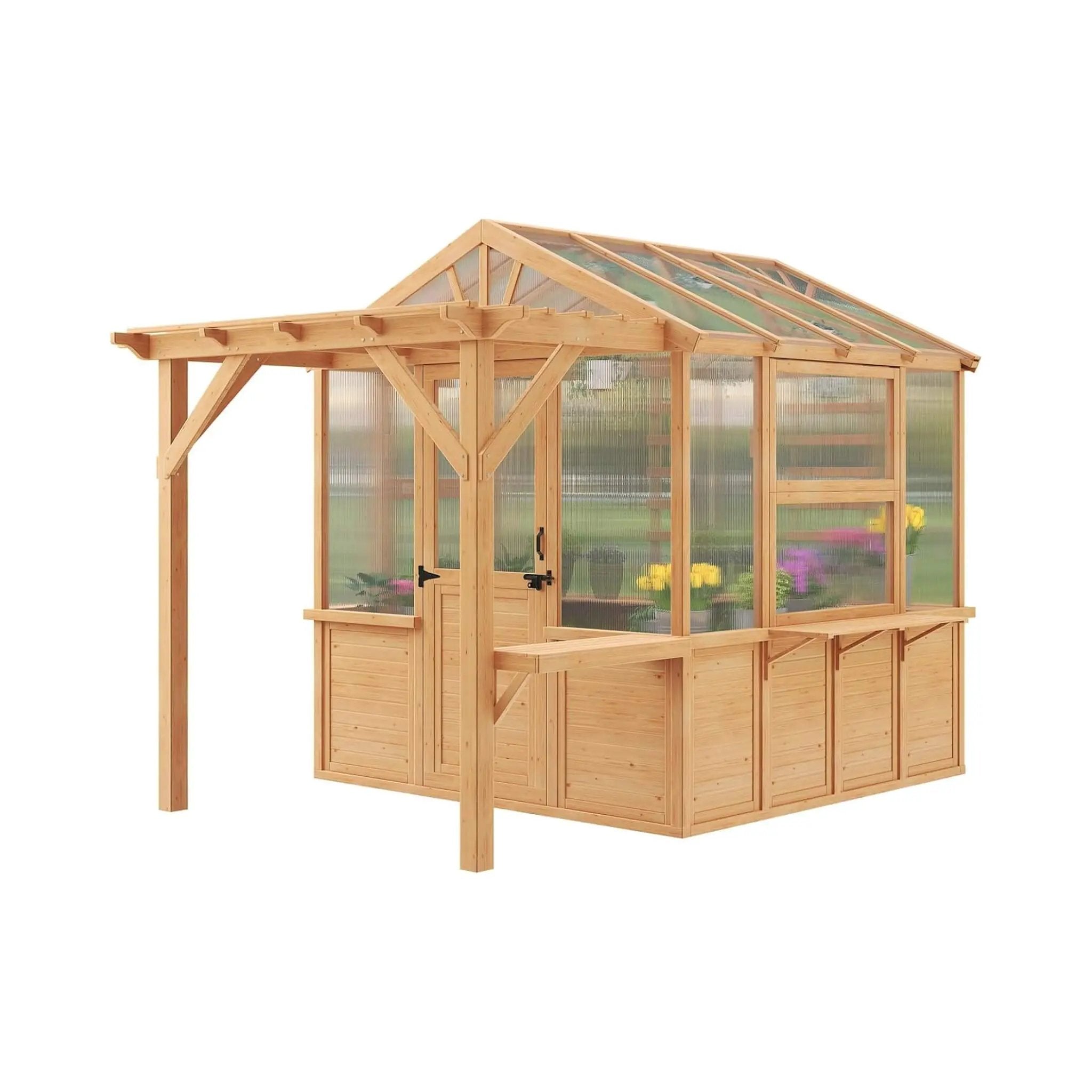 Premium Walk-In Spruce Wood Greenhouse With Pergola And Shelves (SAK75890) by SAKSBY WHOLESALE