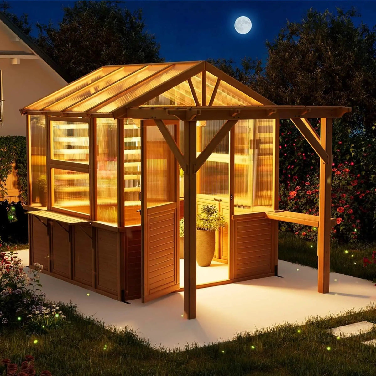 Premium Walk-In Spruce Wood Greenhouse With Pergola And Shelves (SAK75890) by SAKSBY WHOLESALE