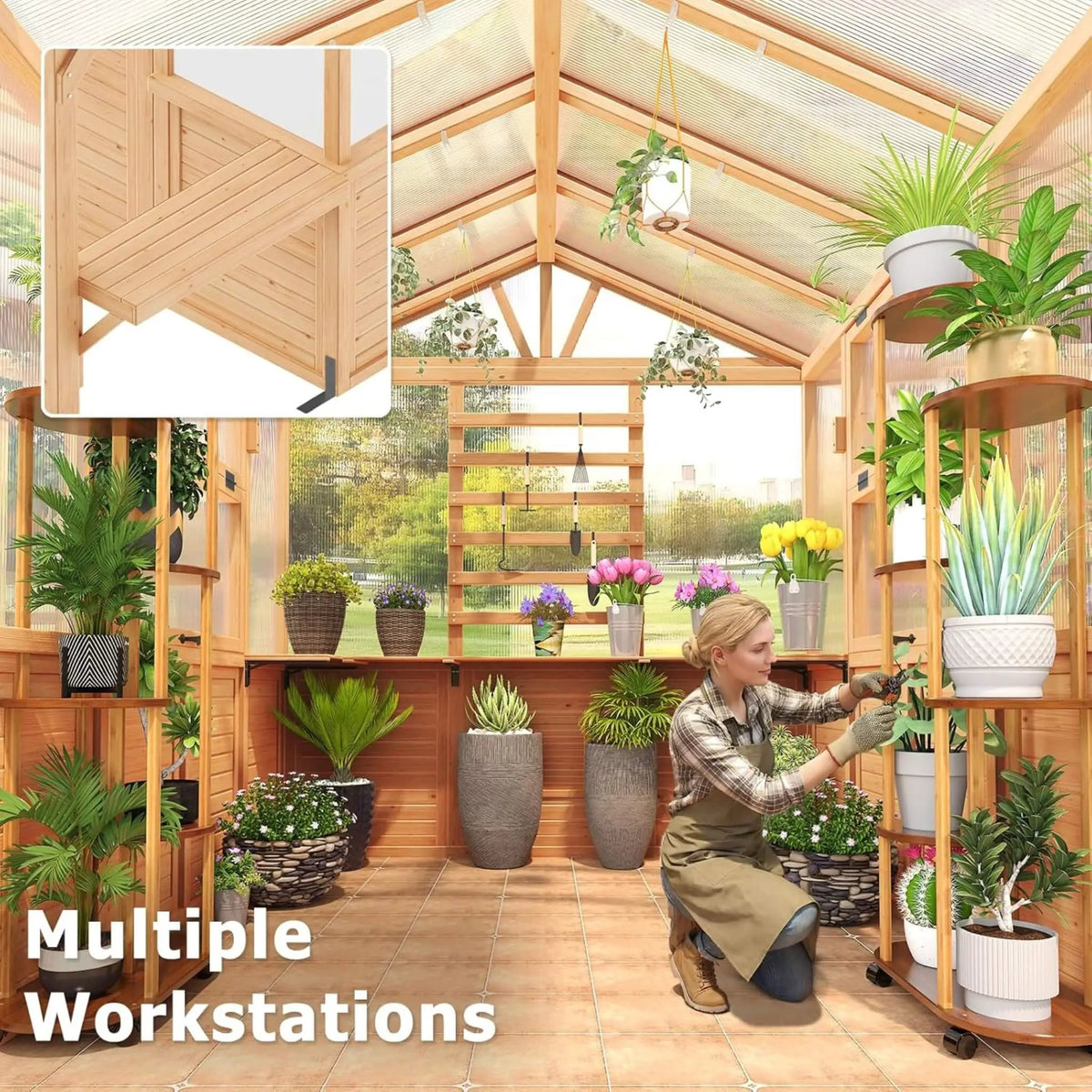 Premium Walk-In Spruce Wood Greenhouse With Pergola And Shelves (SAK75890) by SAKSBY WHOLESALE