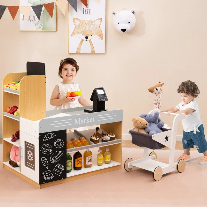 Pretend Play Grocery Store Set with Shopping Cart and 2 Chalkboards-White by DirectDeals
