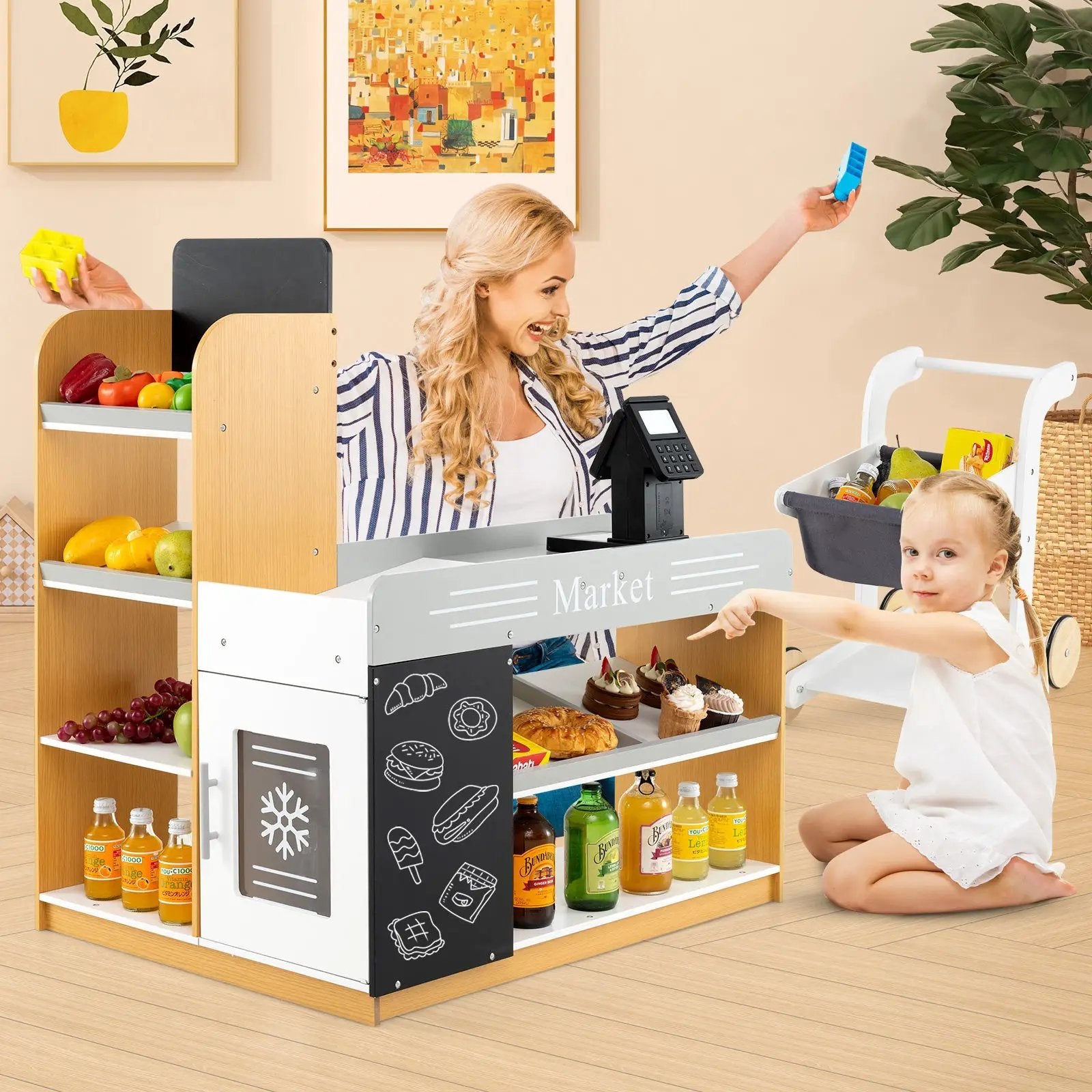 Pretend Play Grocery Store Set with Shopping Cart and 2 Chalkboards-White by DirectDeals