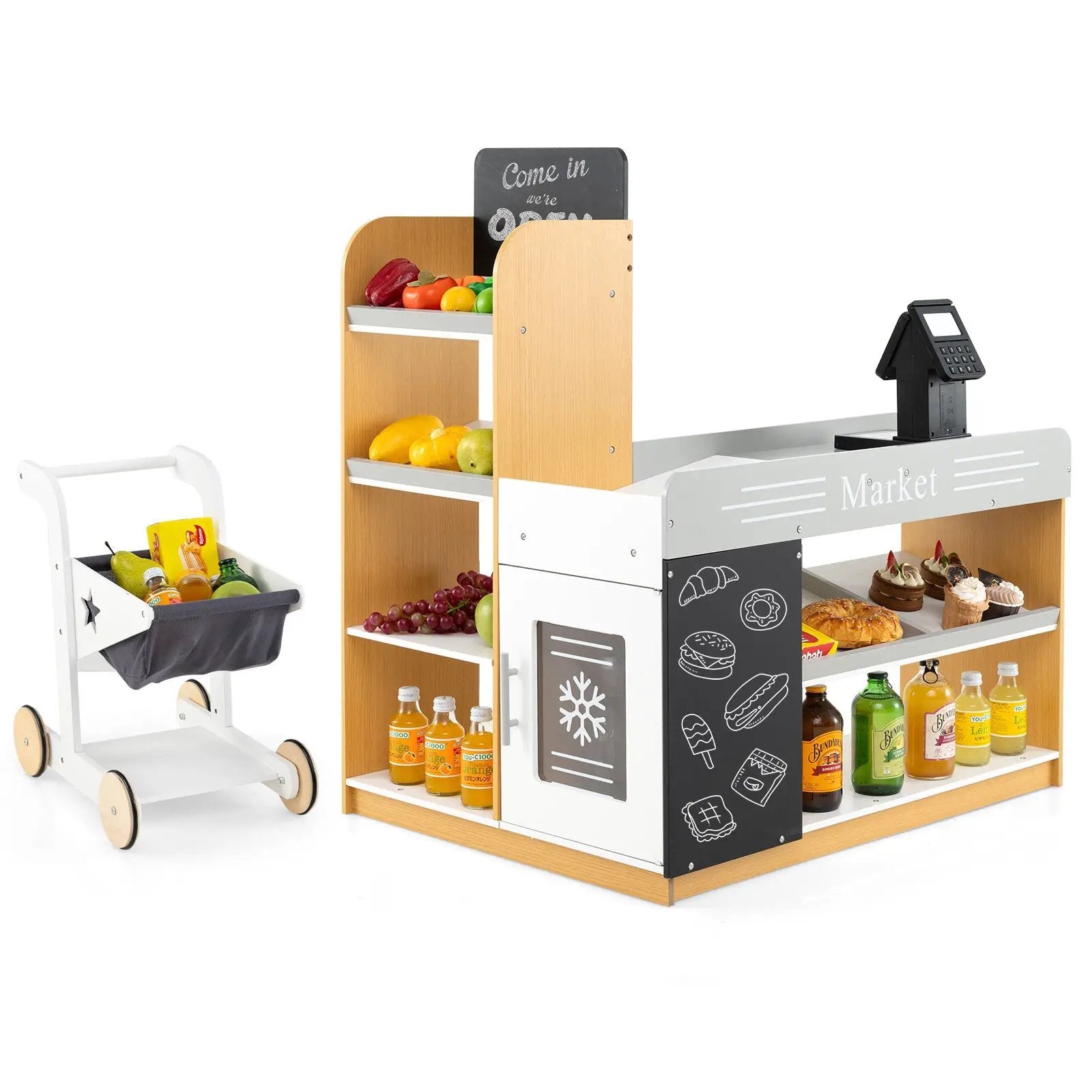 Pretend Play Grocery Store Set with Shopping Cart and 2 Chalkboards-White by DirectDeals