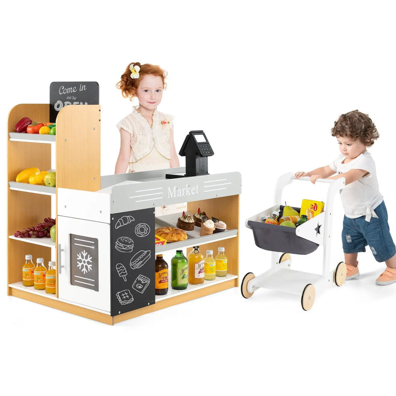 Pretend Play Grocery Store Set with Shopping Cart and 2 Chalkboards-White by DirectDeals