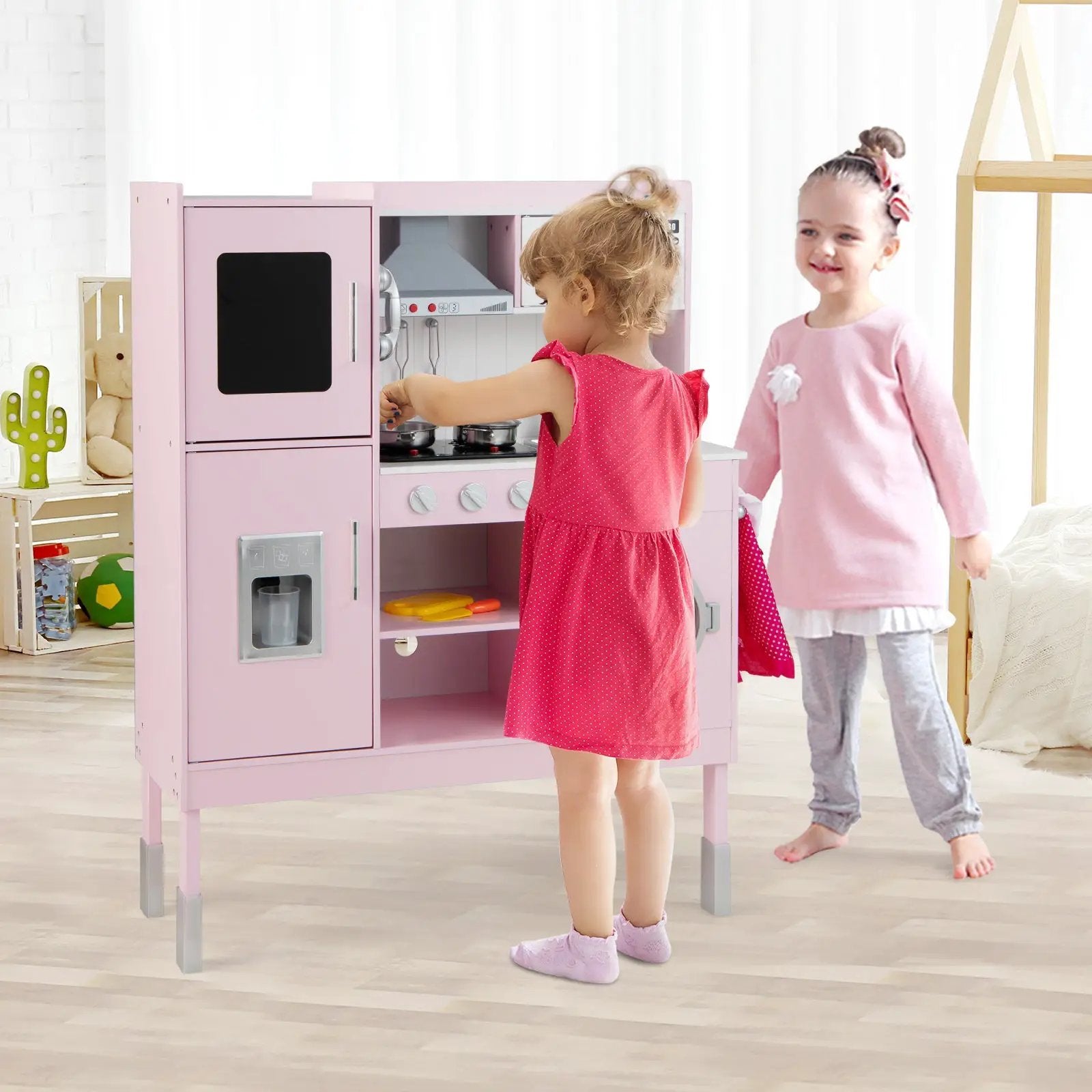 Pretend Play Kitchen for Kids with 16 Pieces Accessories-Pink by DirectDeals