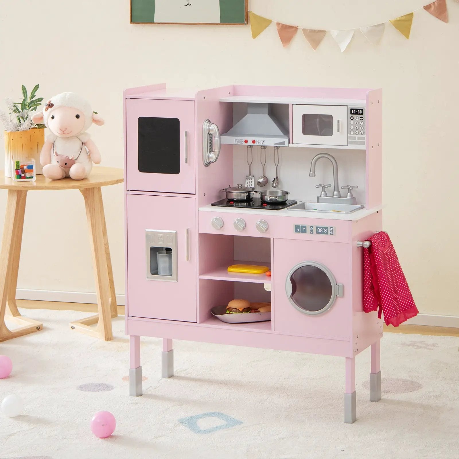 Pretend Play Kitchen for Kids with 16 Pieces Accessories-Pink by DirectDeals