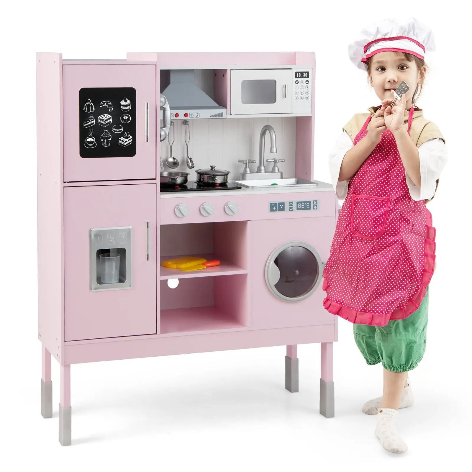 Pretend Play Kitchen for Kids with 16 Pieces Accessories-Pink by DirectDeals