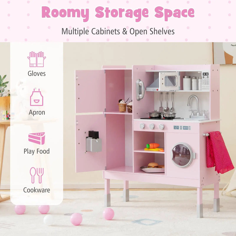 Pretend Play Kitchen for Kids with 16 Pieces Accessories-Pink by DirectDeals