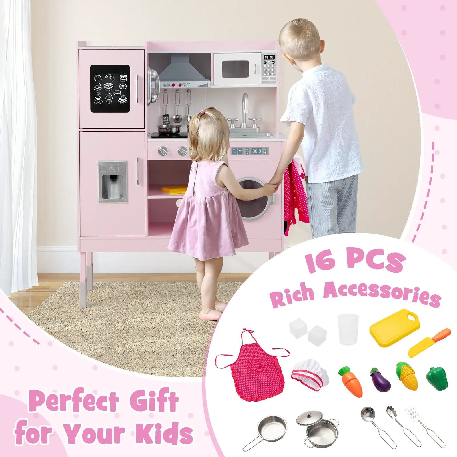 Pretend Play Kitchen for Kids with 16 Pieces Accessories-Pink by DirectDeals