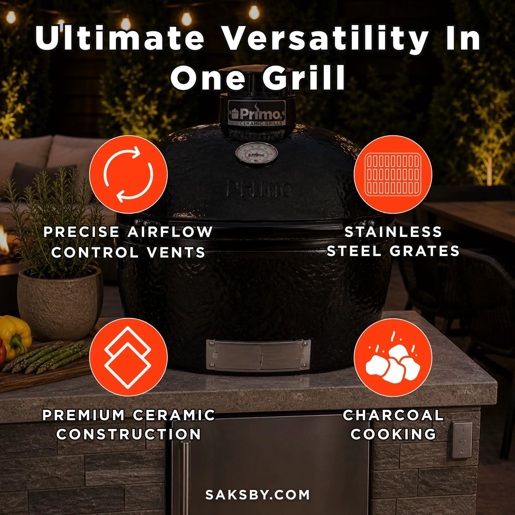 Primo Oval Large 300 Ceramic Kamado BBQ Grill W/ Stainless Steel Grates [PGCLGH] (SAK14871) by SAKSBY WHOLESALE
