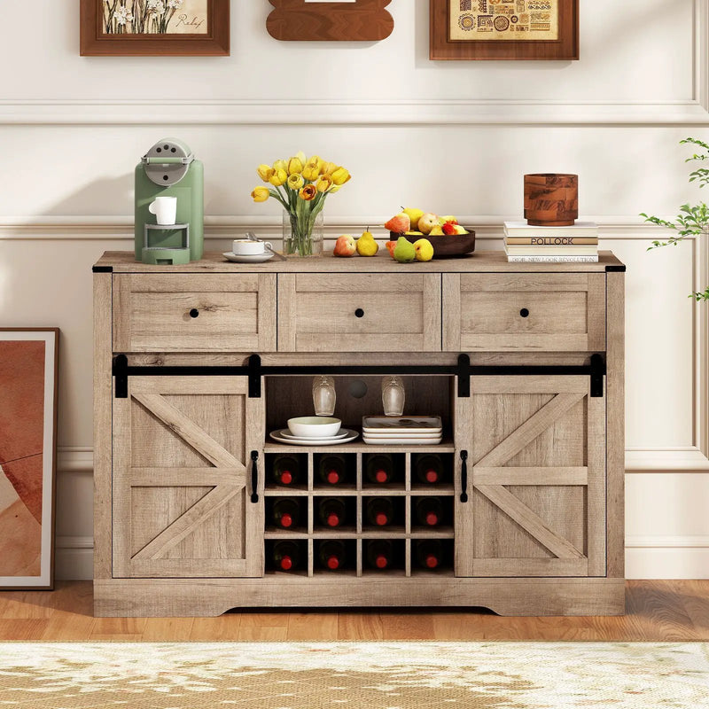 52 Inches Wine Bar Cabinet with LED Lights and Sliding Barn Doors by DirectDeals