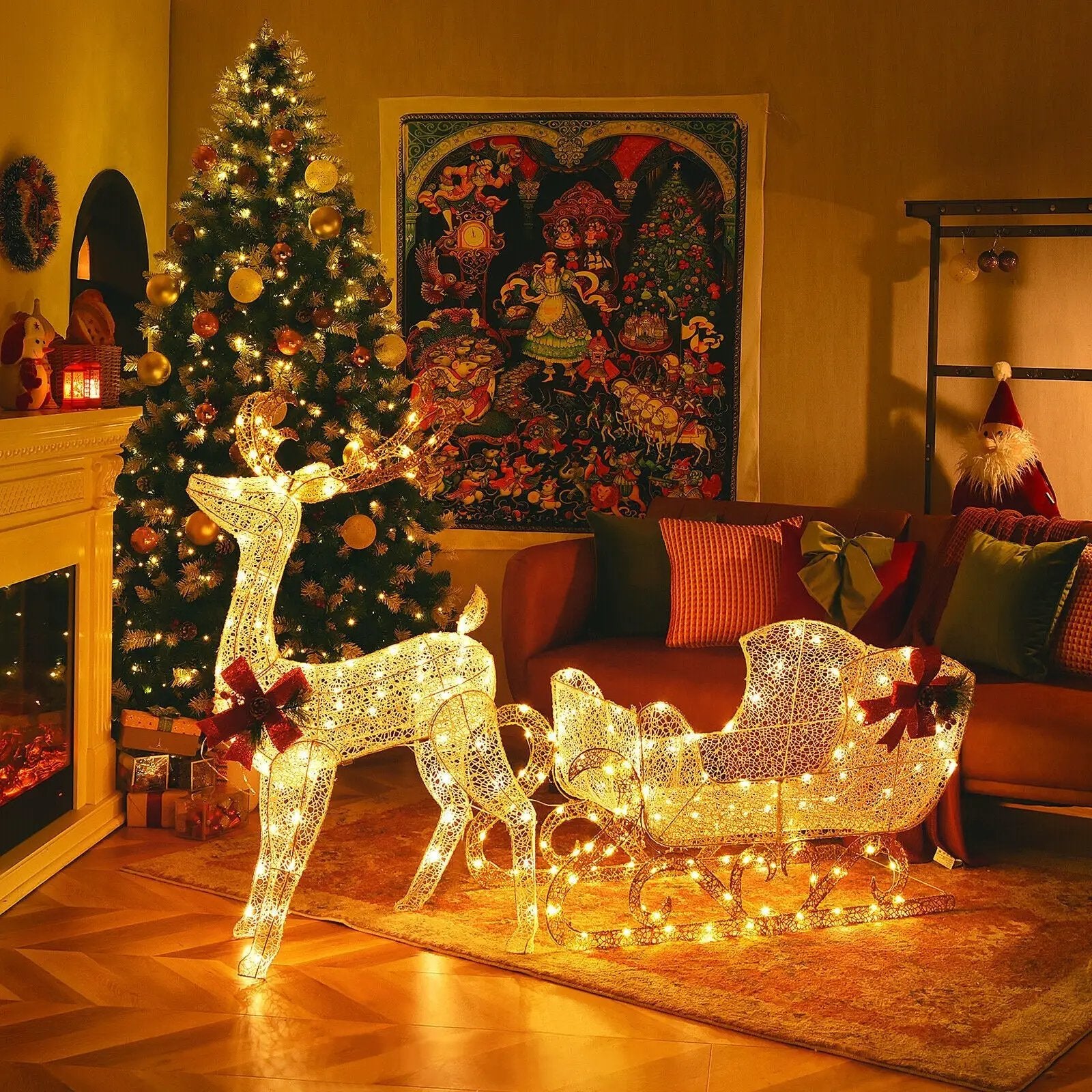 6 Feet Christmas Lighted Reindeer and Santa's Sleigh Decoration with 4 Stakes by DirectDeals
