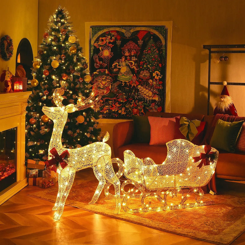 6 Feet Christmas Lighted Reindeer and Santa's Sleigh Decoration with 4 Stakes by DirectDeals