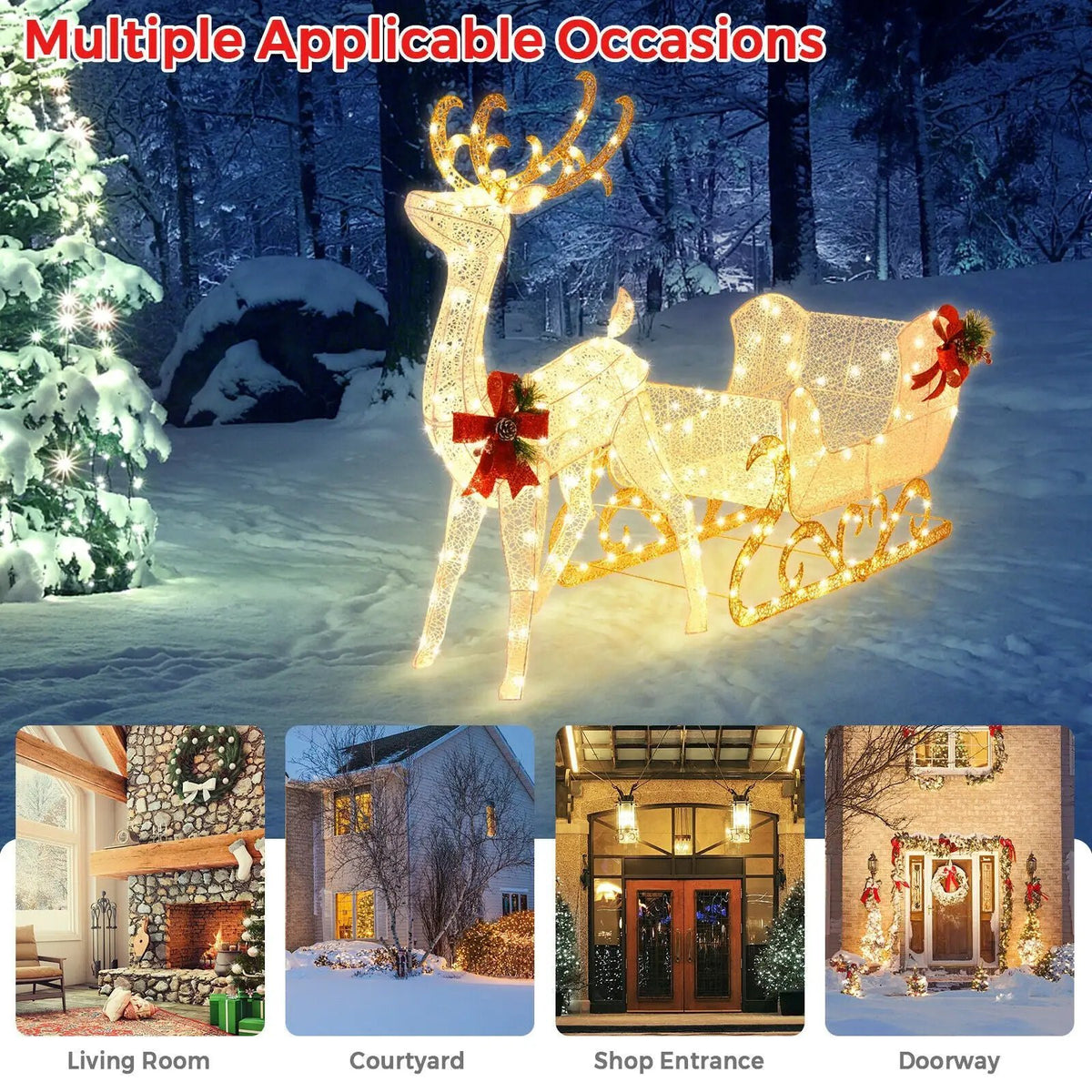 6 Feet Christmas Lighted Reindeer and Santa's Sleigh Decoration with 4 Stakes, photo 10 of 16