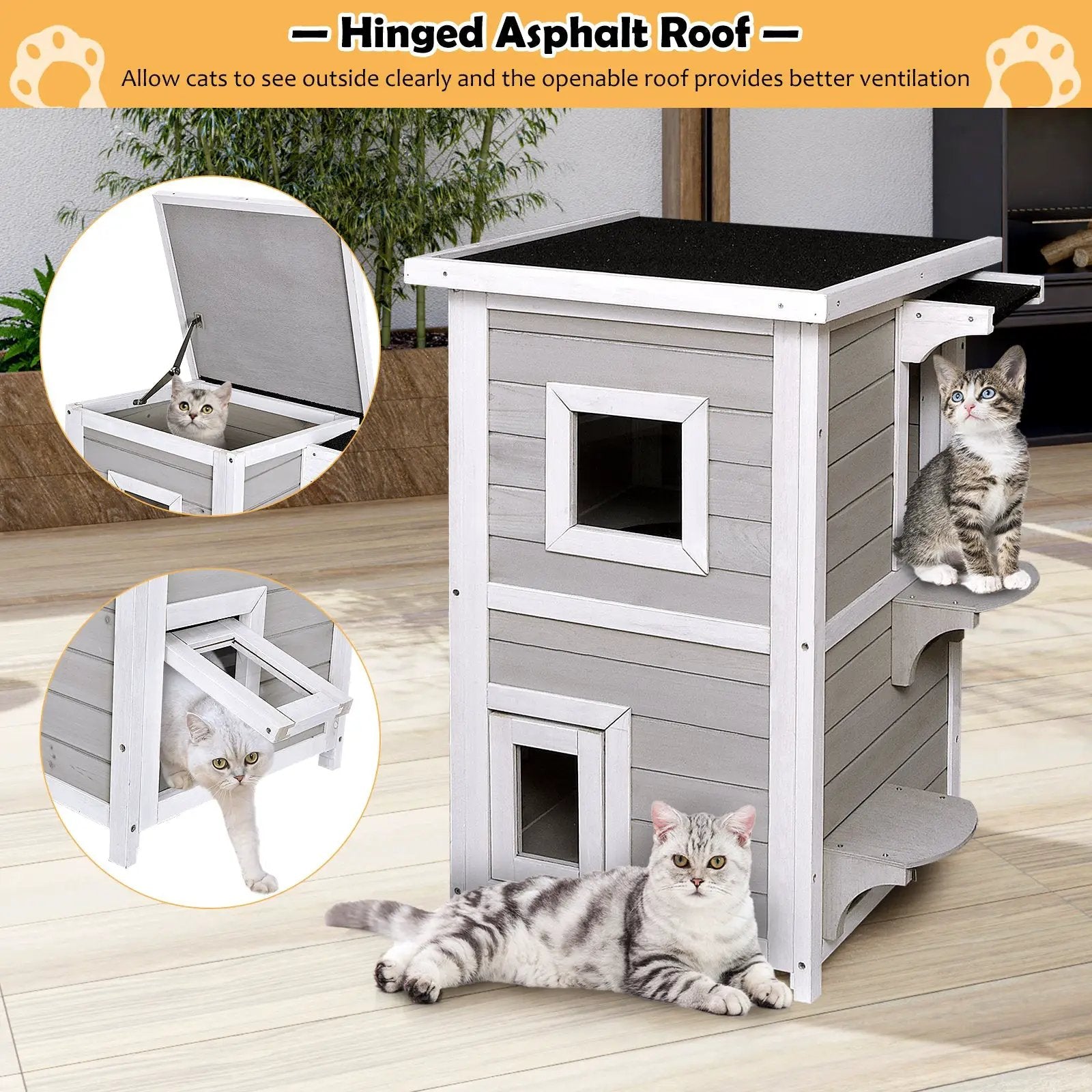 2-Story Wooden Cat House with Escape Door Rainproof by DirectDeals