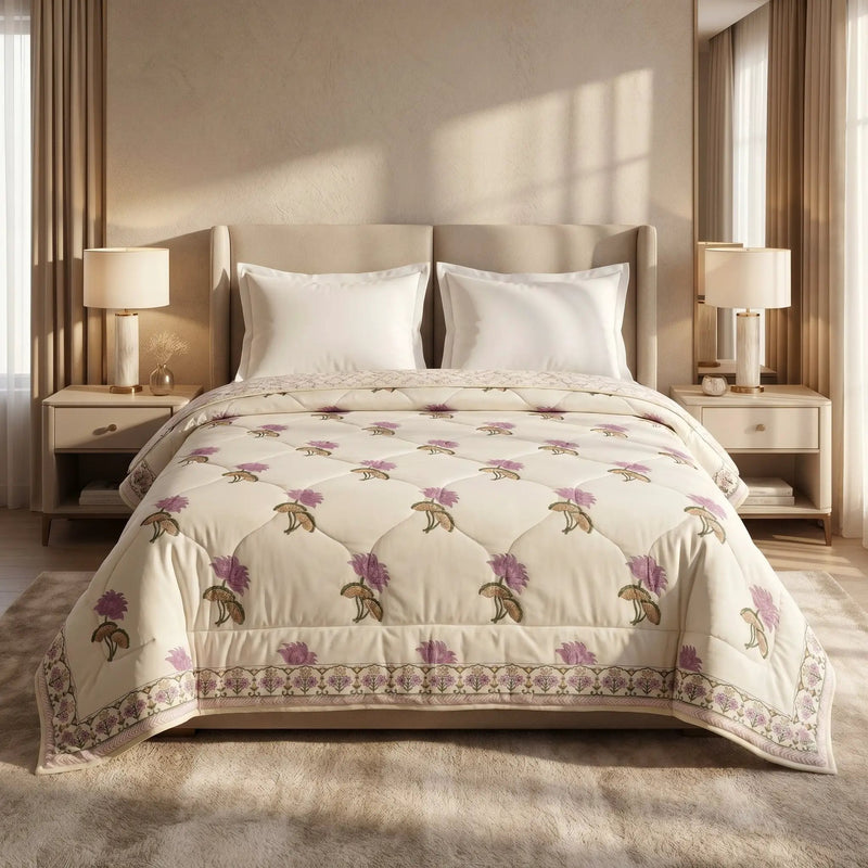House of Avana Cream & Mauve Floral Jaipur Indian Hand Block Print Quilted Comforter by House Of Avana