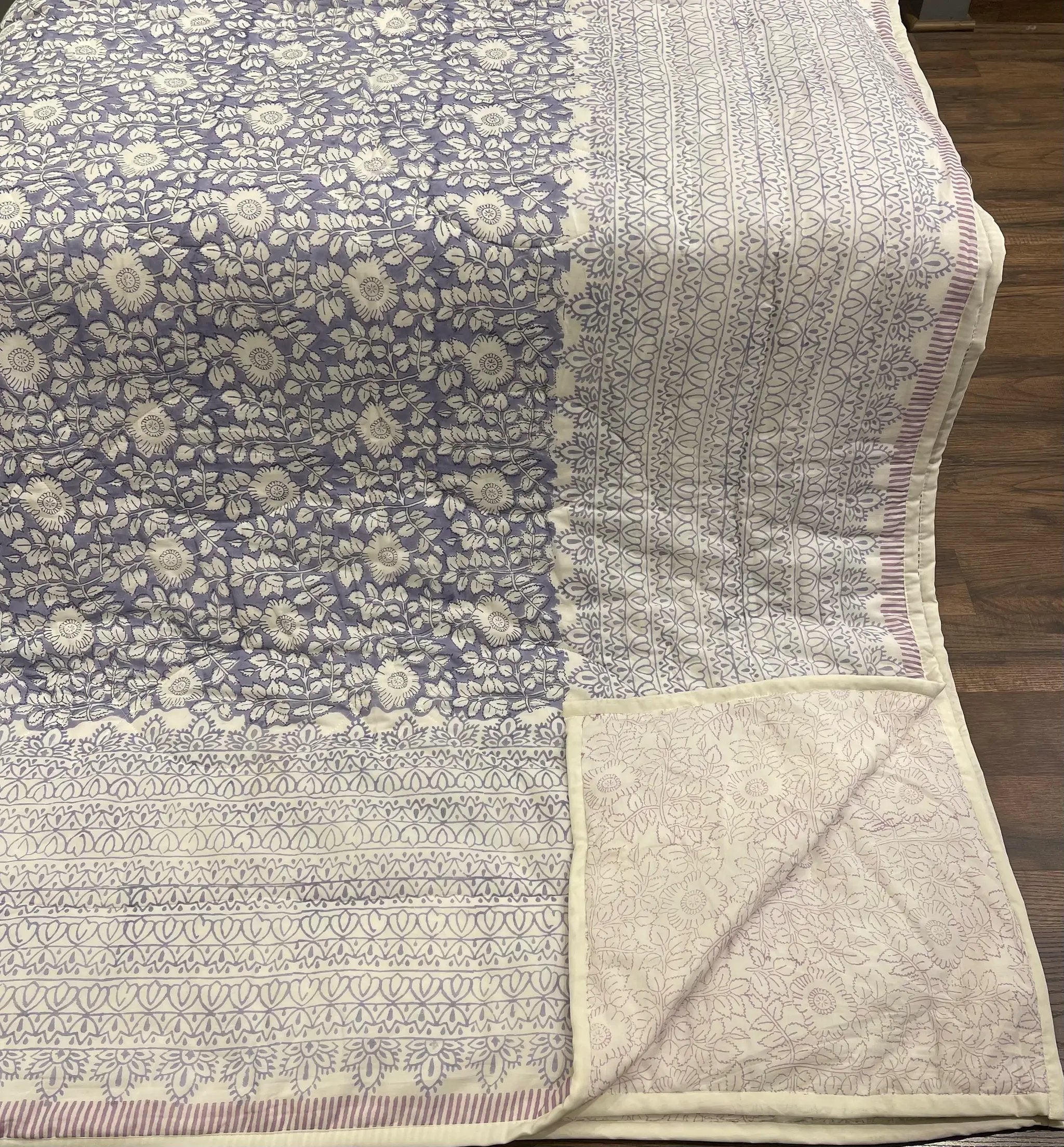 House of Avana Cream & Sage Green Floral Jaipur Indian Hand Block Print Quilted Comforter by House Of Avana