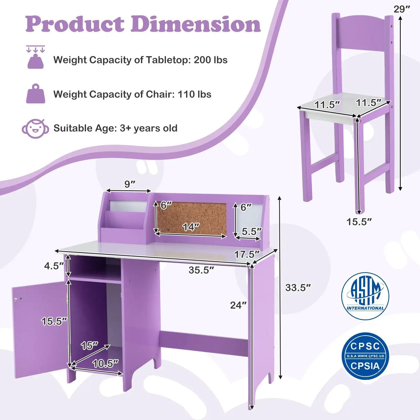 Kids Table and Chair Set for Arts Crafts Homework Home School-Purple by DirectDeals
