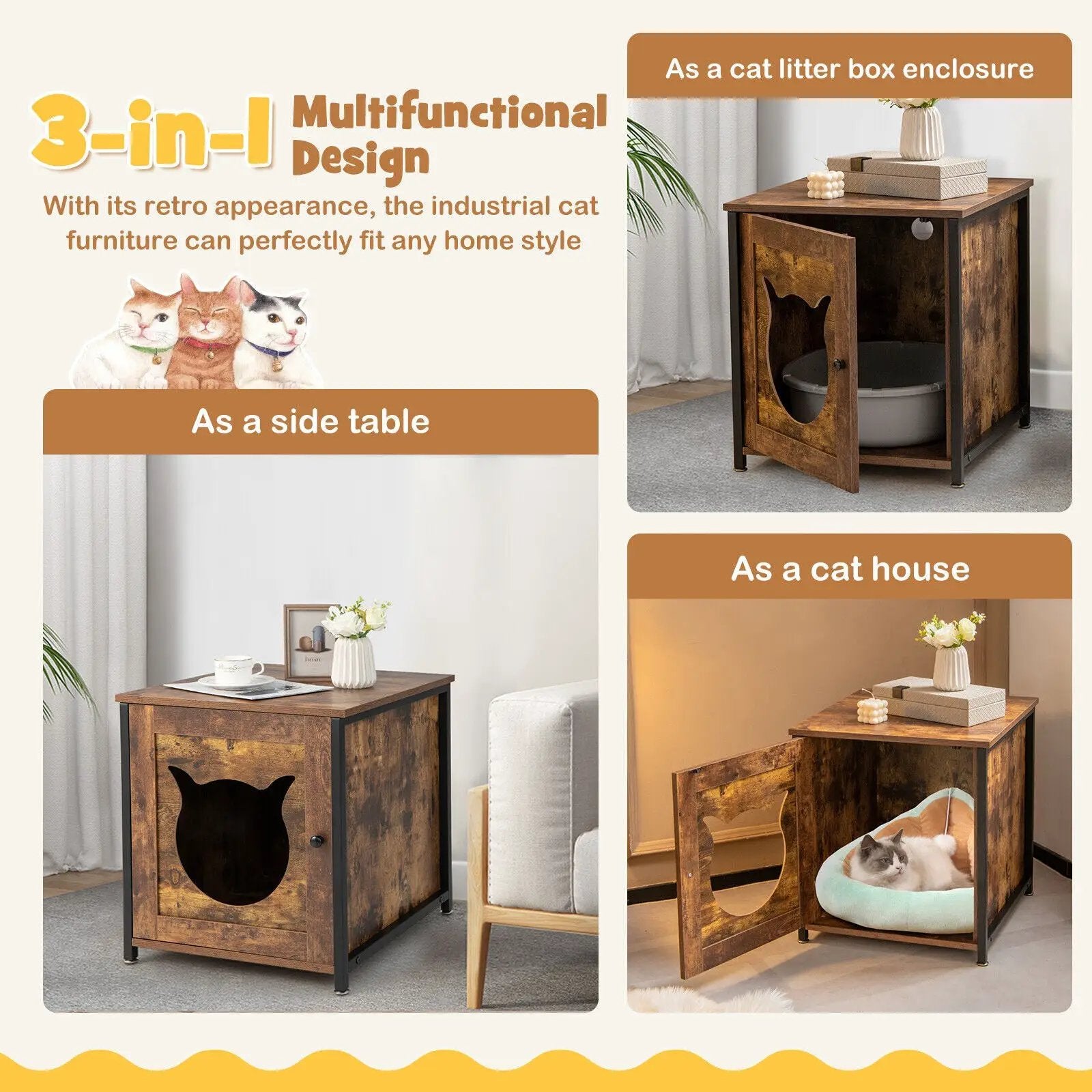 Cat Litter Box Enclosure with Door and Ventilated Hole-Brown by DirectDeals