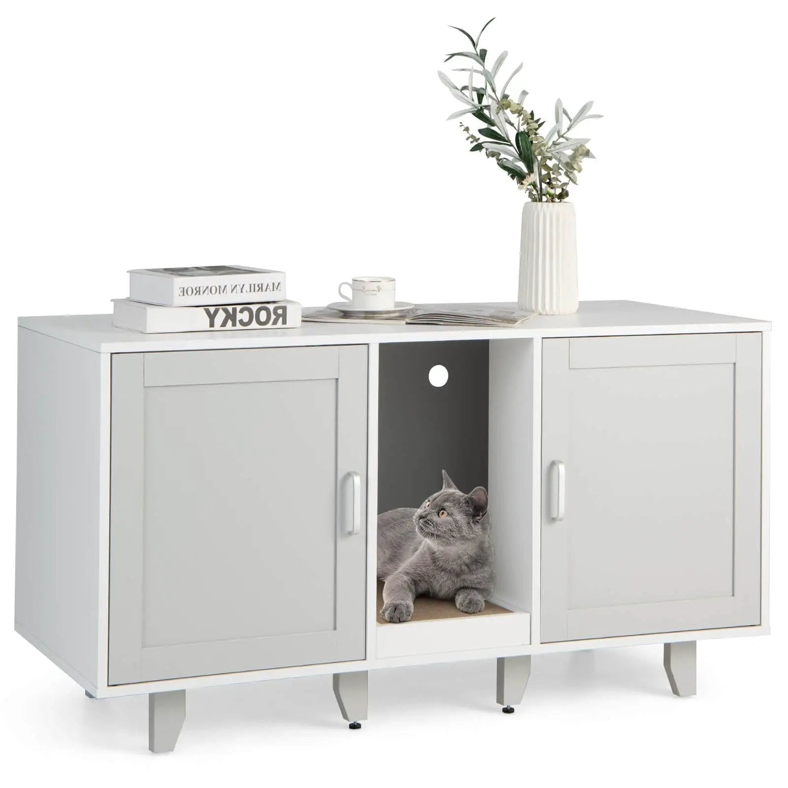 2-Door Cat Litter Box Enclosure with Winding Entry and Scratching Board by DirectDeals