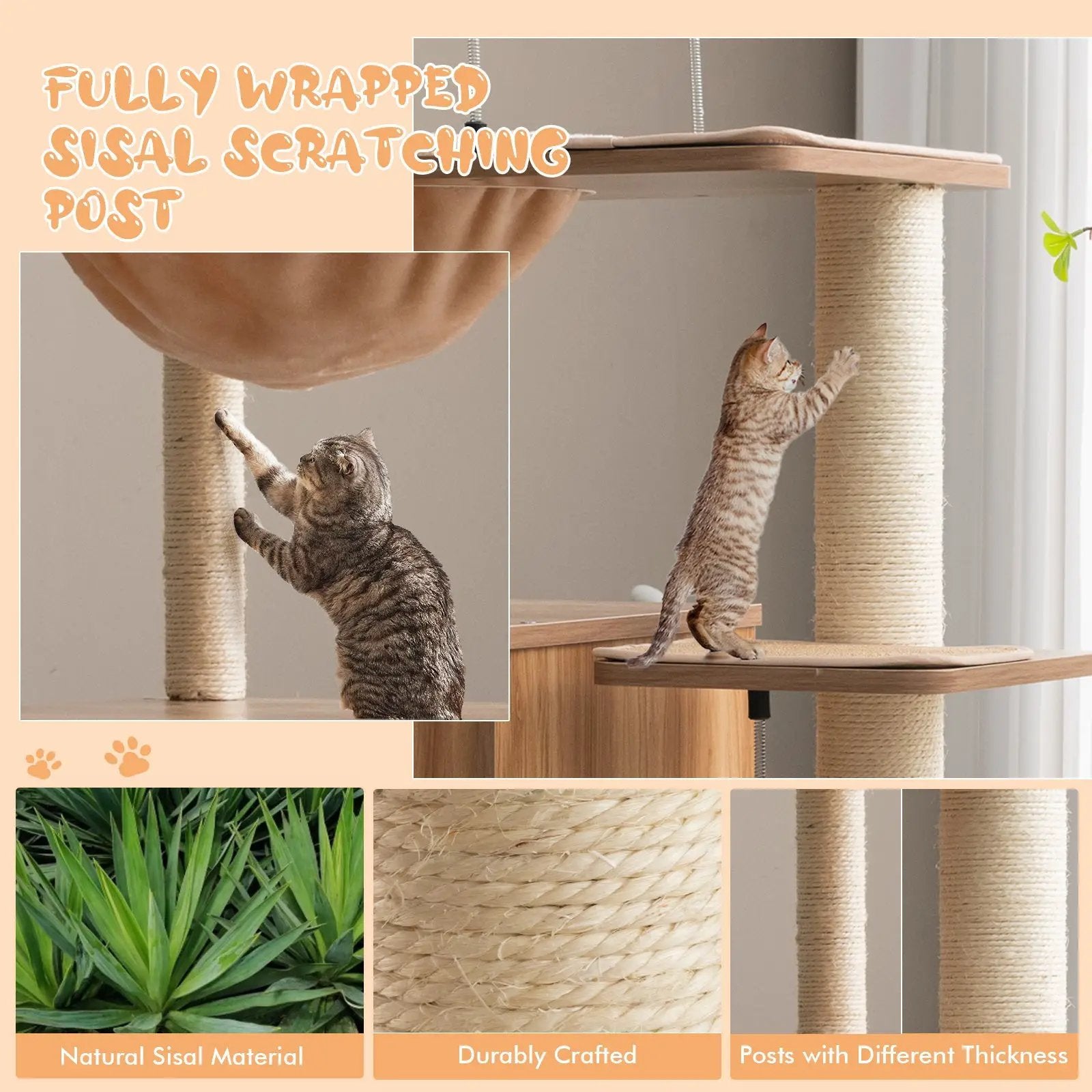 52 Inch Modern Multi-level Cat Play Center with Deluxe Hammock-Natural by DirectDeals