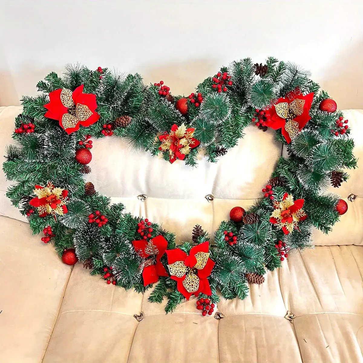 PVC Christmas Garland 9ft with LED Lights and Red Flowers by House Of Avana