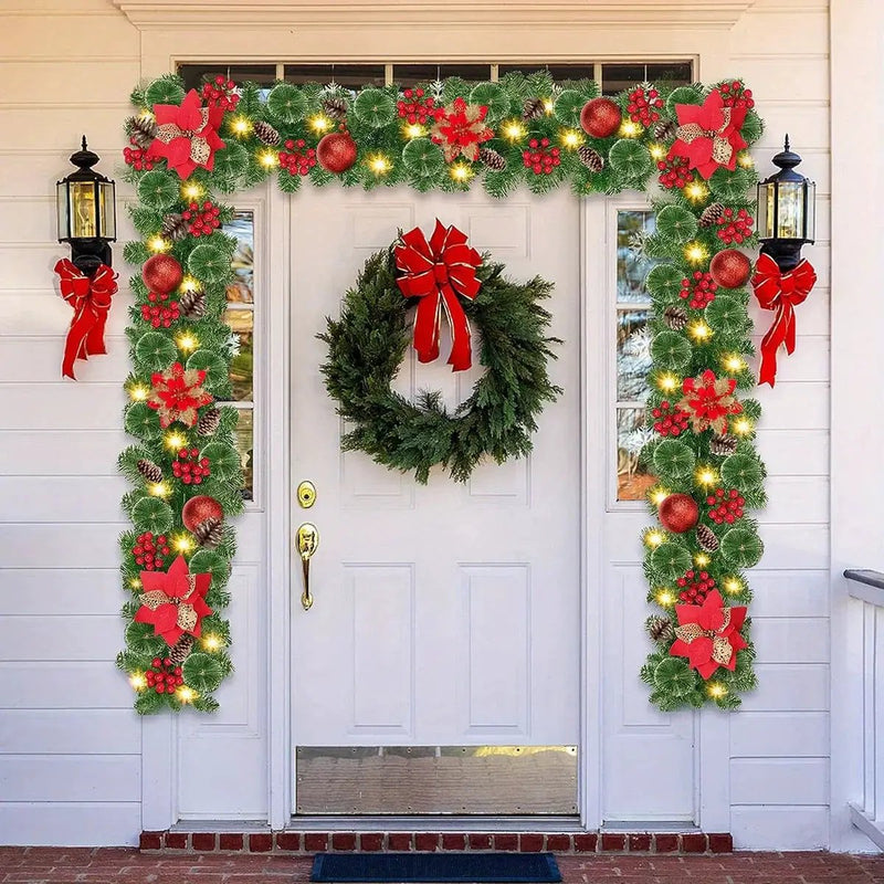 PVC Christmas Garland 9ft with LED Lights and Red Flowers by House Of Avana