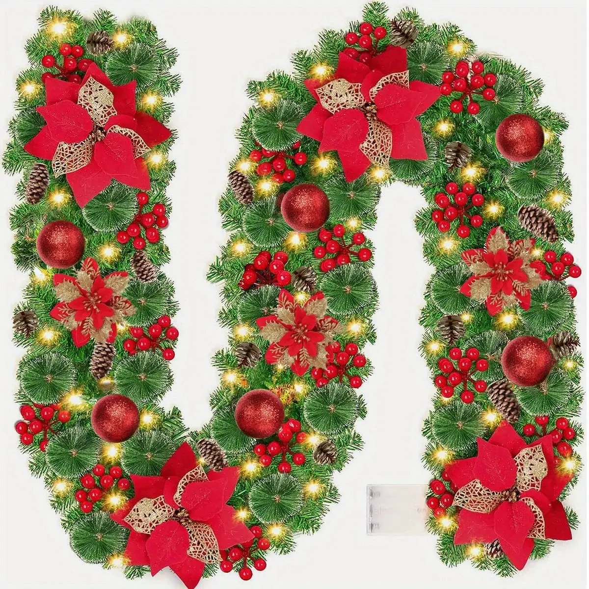 PVC Christmas Garland 9ft with LED Lights and Red Flowers by House Of Avana