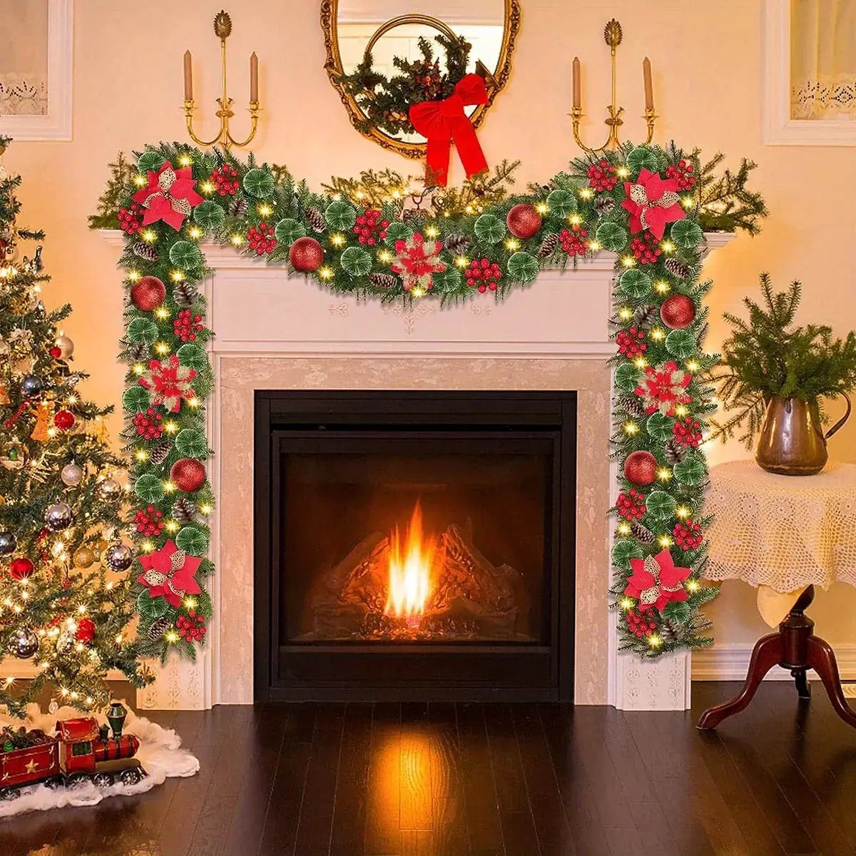PVC Christmas Garland 9ft with LED Lights and Red Flowers by House Of Avana