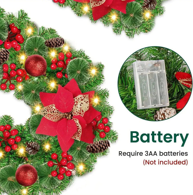 PVC Christmas Garland 9ft with LED Lights and Red Flowers by House Of Avana