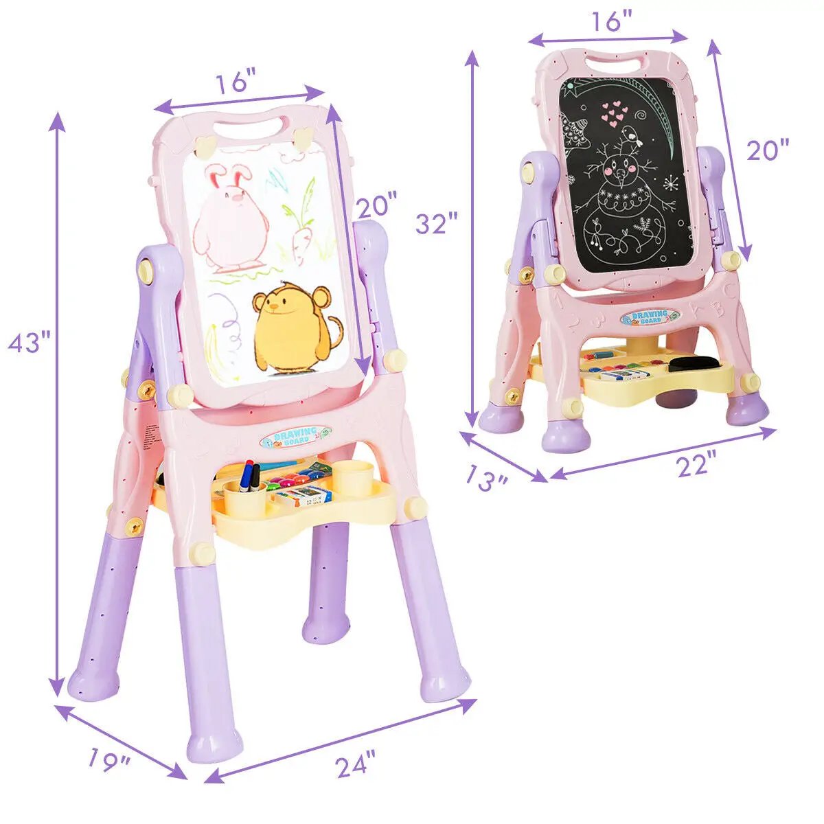 Kids Height Adjustable Double Side Magnetic Art Easel-Purple by DirectDeals