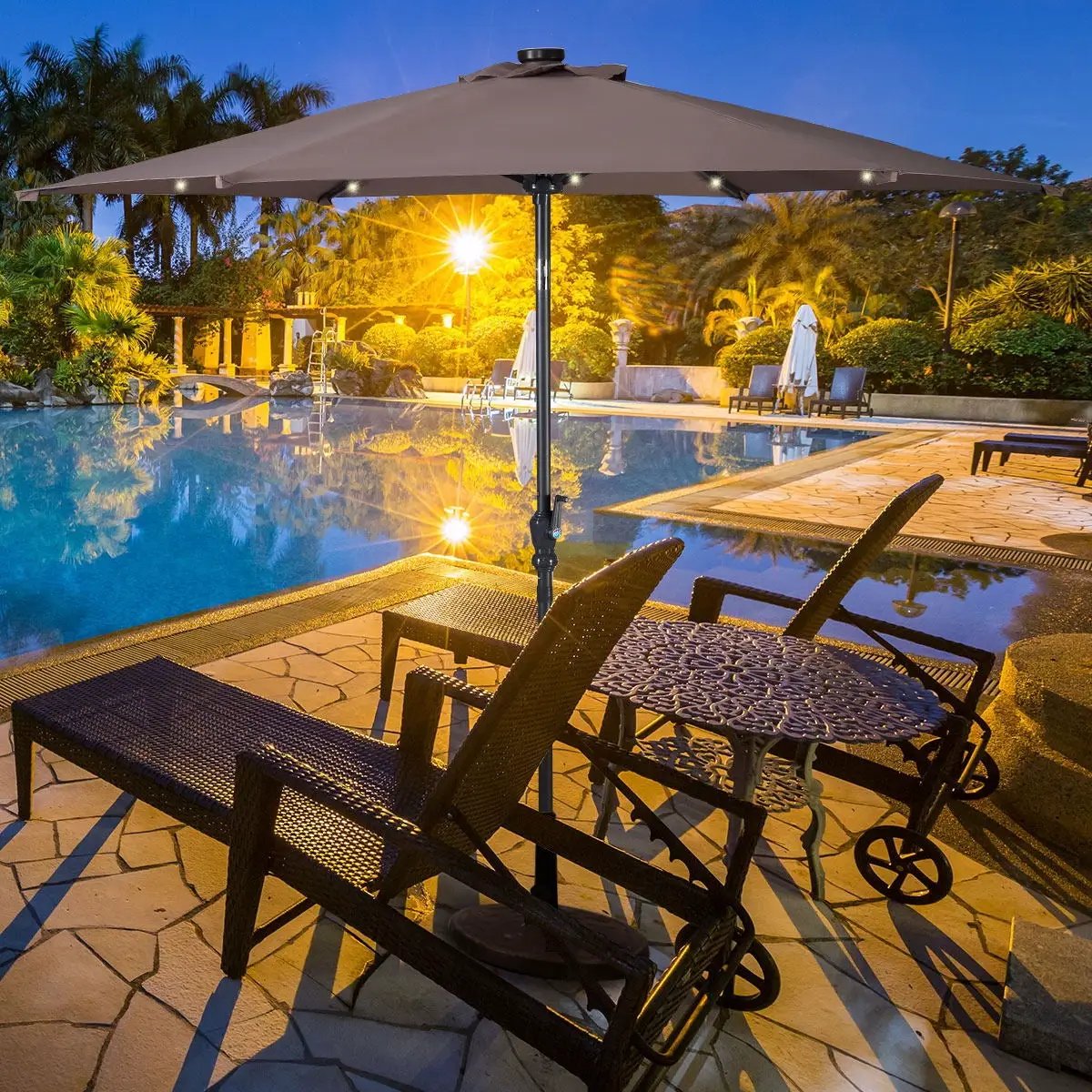 9FT Patio Solar Umbrella LED Patio Market Steel Tilt W/ Crank Outdoor New-Tan by DirectDeals