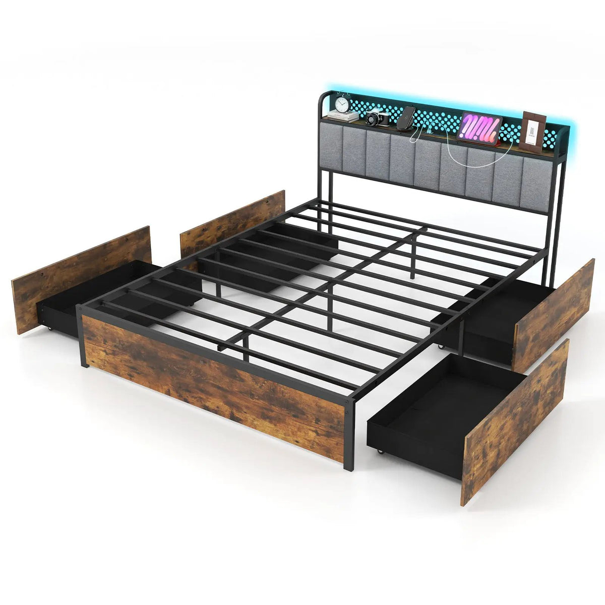 Twin/Full/Queen Bed Frame with LED Lights Upholstered Headboard and 4 Storage Drawers, photo 9 of 10