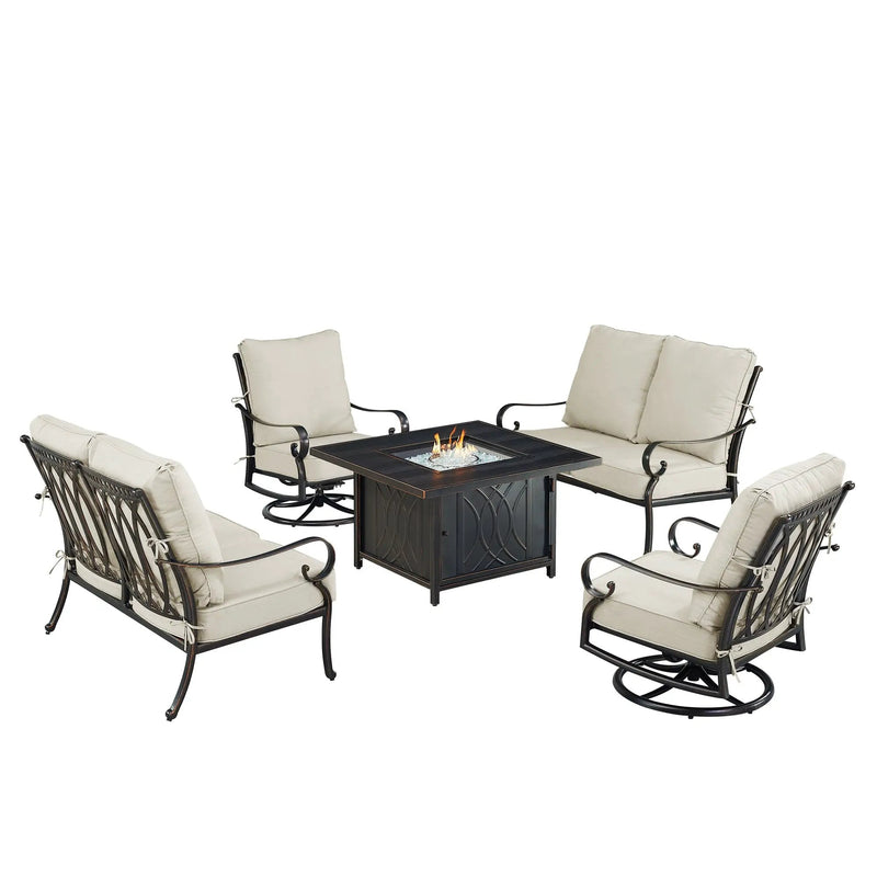 Black Aluminum Fire Table Set with Two Loveseats and Two Club Chairs by Sharicks