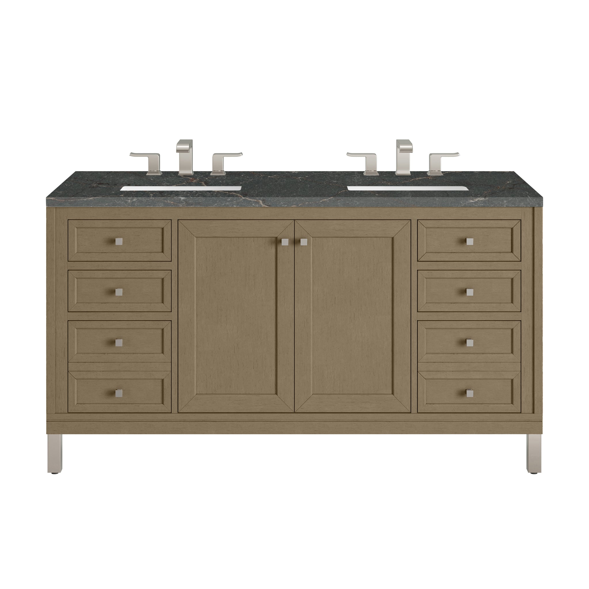 James Martin Chicago 60" Double Bathroom Vanity, Walnut Whisper with Parisien Bleu countertop