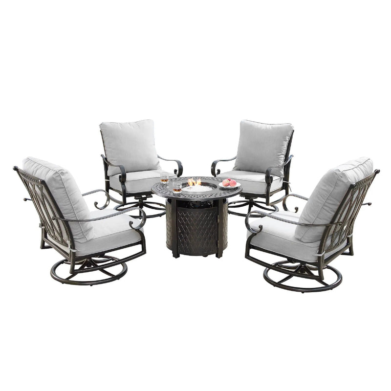 Aluminum 34-in Round Patio Fire Table Set with Swivel Rocking Chairs by Sharicks