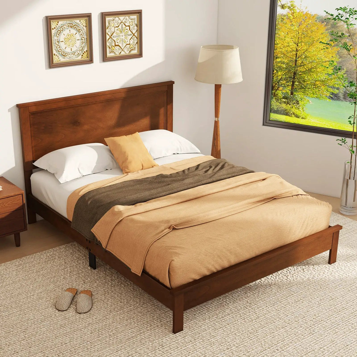 Queen Size Bed Frame Platform Slat High Headboard Bedroom with Rubber Wood Leg, photo 2 of 10